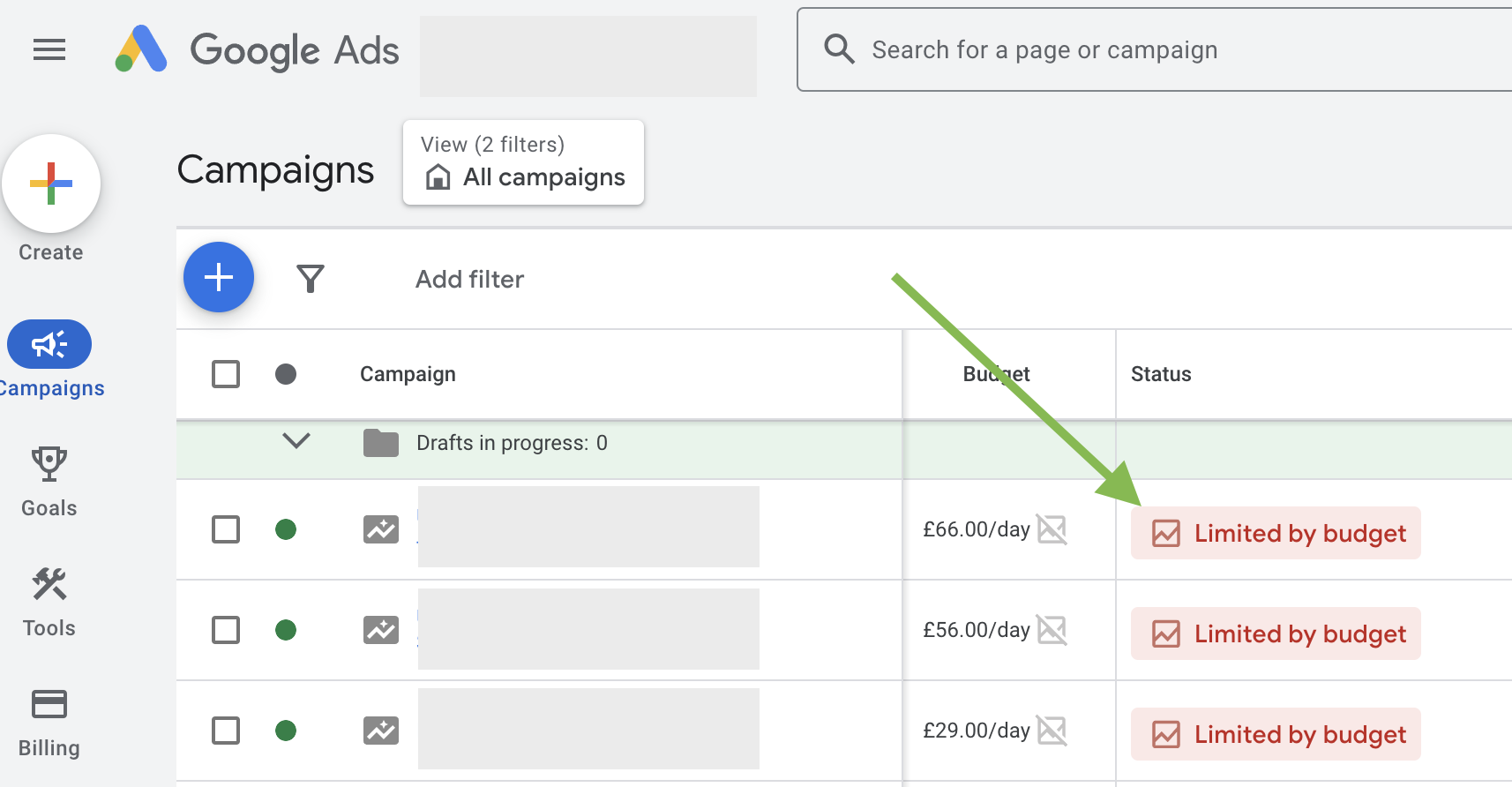 Screen shot of Google Ads Interface showing that campaigns are limited by budget