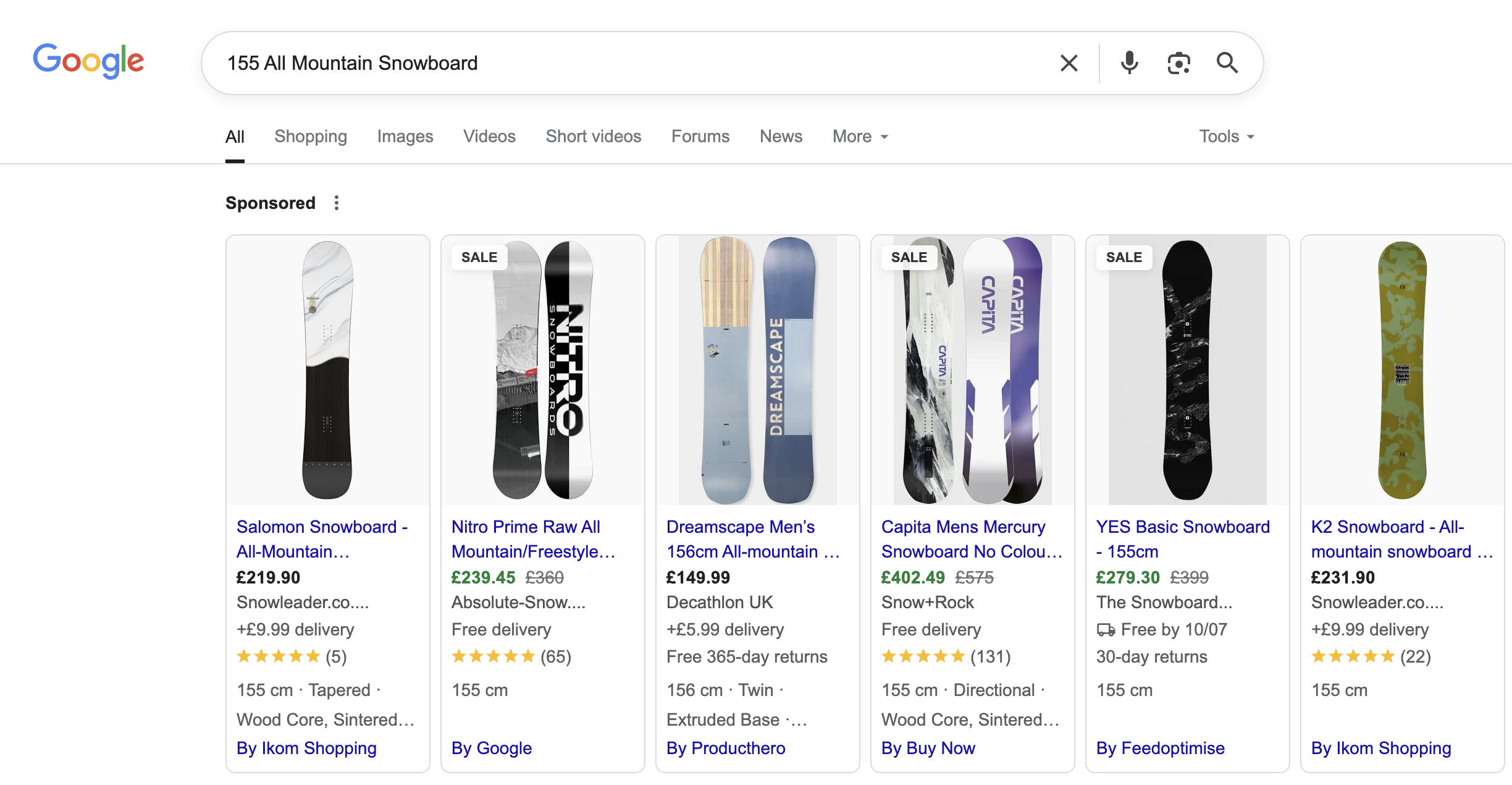 Screen grab of Google Search Results, showing Google Shopping Ads of Snowboard to demonstrate competing advertisers and potential average order values.
